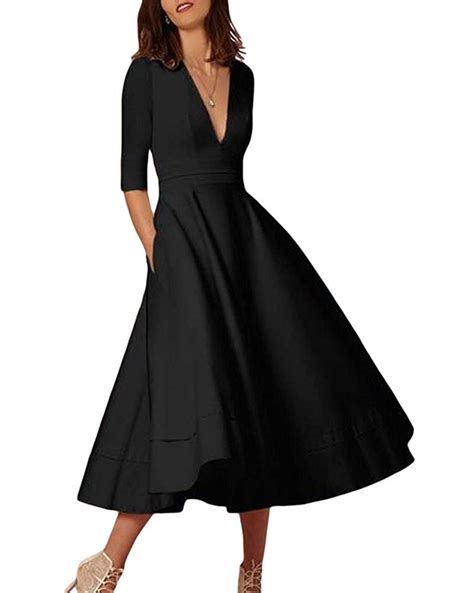 Lalagen Womens Vintage 34 Sleeve V Neck Flare Plus Size Cocktail Party Midi Dress
