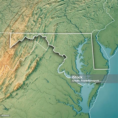 Maryland State Usa 3d Render Topographic Map Border Stock Photo