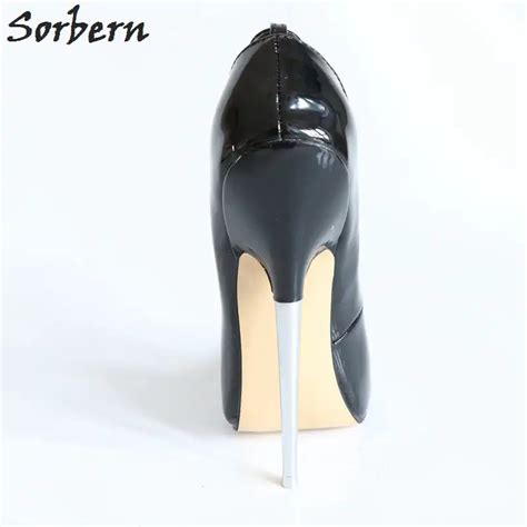 Sorbern Black Shiny Ankle Straps Pointed Toe Spike Metal High Heels 18cm Sexy Pole Dance Heels