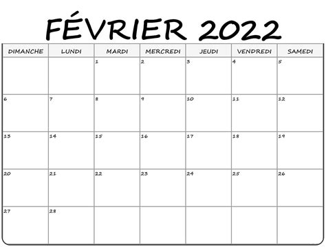 Calendrier 2022 Février 2022 Calendrier