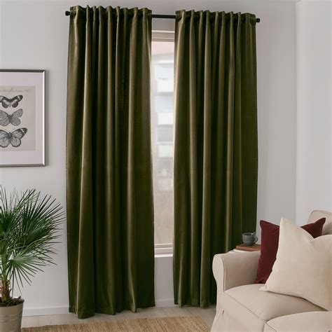 SANELA room darkening curtains, 1 pair, olive-green, 140x250 cm | IKEA
