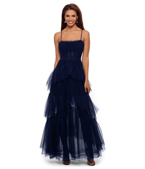 Betsy And Adam Long Corset Tiered Mesh Illusion Gown In Blue Lyst