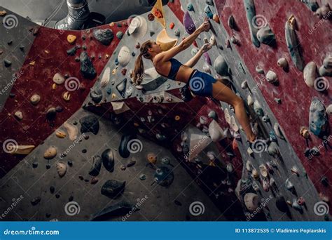 Female Climber Extreme Indoor Climbing Stock Image Image Of