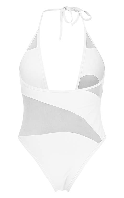 White Mesh Panel Plunge Swimsuit Swimwear Prettylittlething Aus