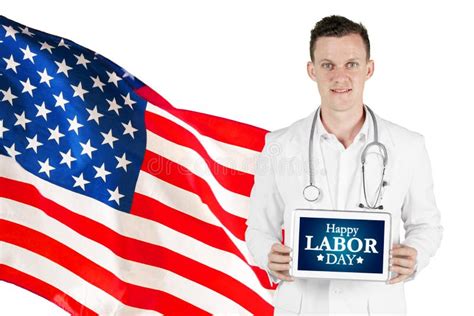 Caucasian Doctor Showing Happy Labor Day Text Stock Photo Image Of