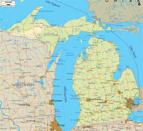 Physical Map Of Michigan Ezilon Maps