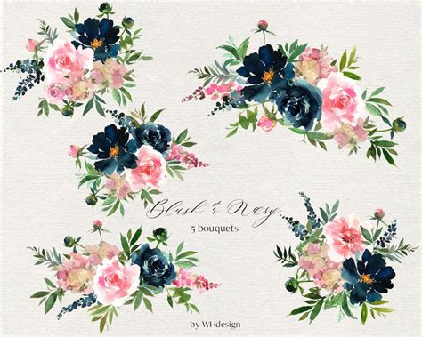 Blush And Navy Watercolor Floral Clipart Flowers Bouquets Etsy