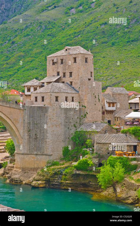 Tower Of Stari Most The Old Bridge Crossing Neretva River Mostar City