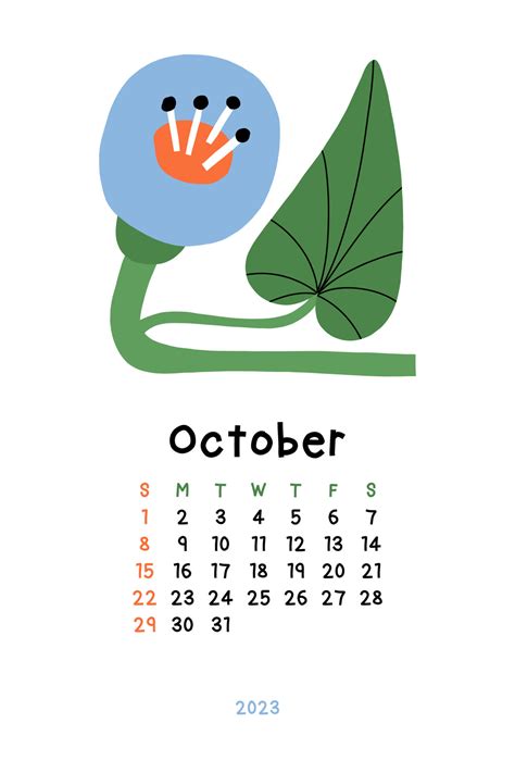 Beautiful Floral Calendar October 2023 Botanical Printable Vector