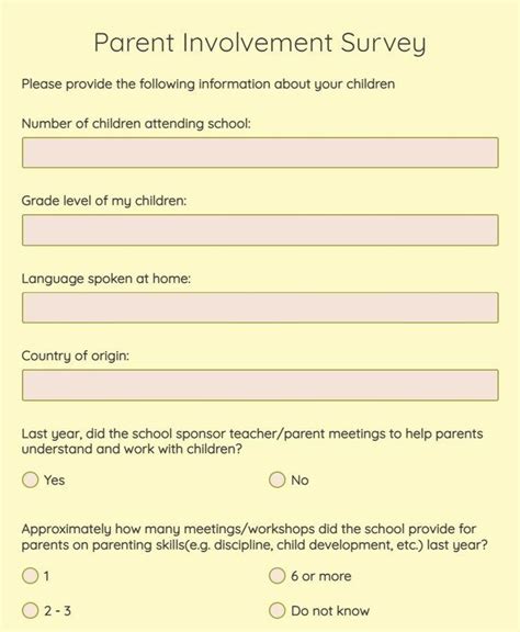 Parent Involvement Survey Template 123formbuilder