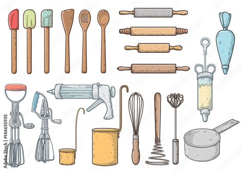 Kitchen Tools Illustration Drawing Halftone Retro Cartoon Vector