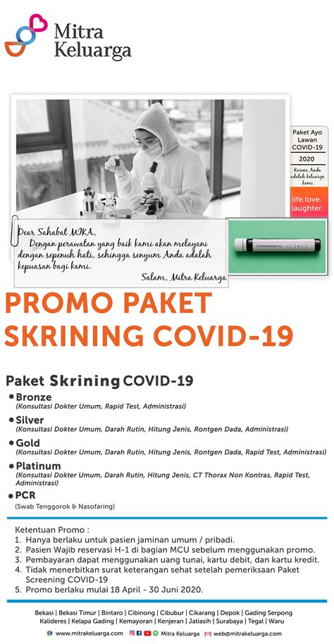 The test is done by means of a nose and throat swab or throat swab. Promo Cek Lab 2020: Paket Skrining Covid-19 • Sikatabis.com