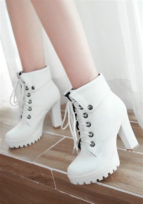 White Round Toe Chunky Lace Up Fashion Ankle Boots High Heel Boots