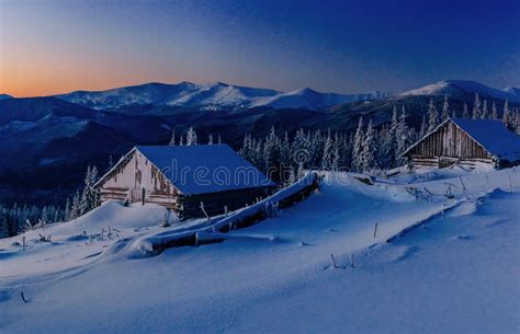 Fantastic Winter Landscape Magical Sunset In A Frosty Day Stock Photo