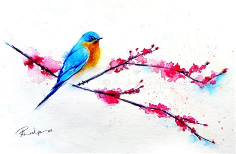 Bluebird Painting Bird Art Cherry Blossoms By Angypaints