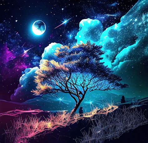 Premium Photo A Colorful Galaxy Wallpaper With A Tree And The Moon