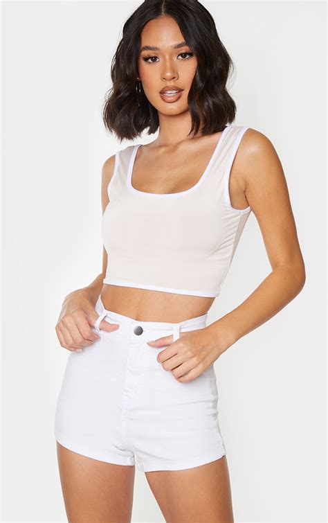 Nude Contrast Trim Slinky Crop Top Tops Prettylittlething Usa