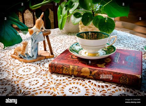 Tea Party Still Life With Book Teacup Plant Tablecloth Etc Stock