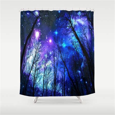 A Shower Curtain With Trees And Stars In The Sky
