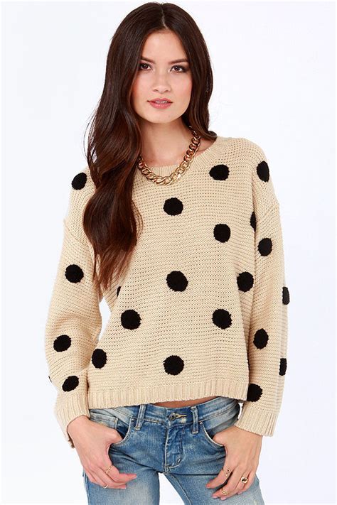 Cute Polka Dot Sweater Beige Sweater Knit Sweater 4600