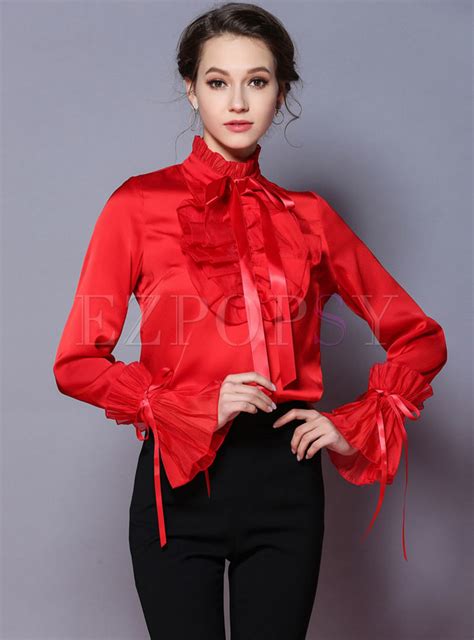 Tops Blouses Ruffled Color Flare Sleeve Bowknot Blouse