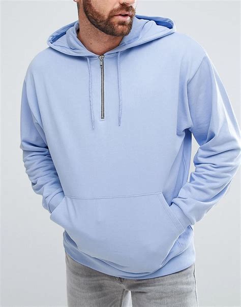 Lyst Asos Oversized Half Zip Hoodie In Light Blue In Blue For Men