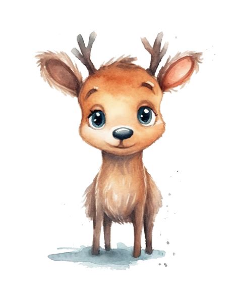 Cute New Year and Christmas Brown Reindeer, Watercolor Illustration