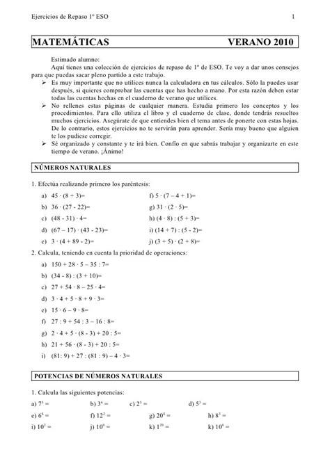 Ejercicios De Matematicas 1 Eso Para Imprimir Con Soluciones