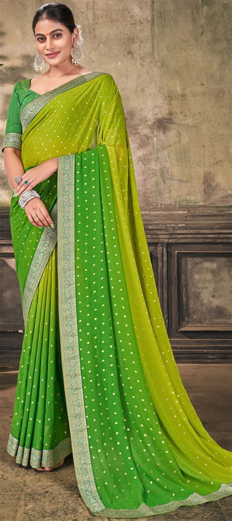 Festive Party Wear Green Color Georgette Fabric Saree 1838615