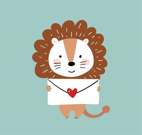 Cute Lion Holding Letter Of Love Romantic Flat Vector Character
