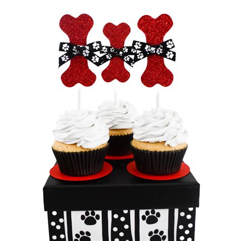 Red Sparkly Dog Bone Cup Cake Toppers The Misfit Manor Shop Dog
