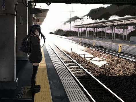 1366x768px Free Download Hd Wallpaper Train Station Anime Anime Girls Waiting Original