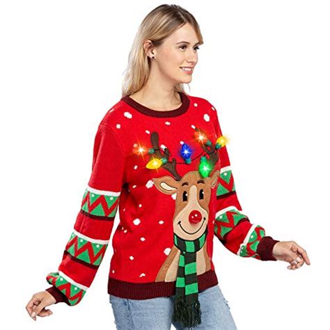 womens led light up reindeer ugly christmas sweater built in light bulbs red small pricepulse