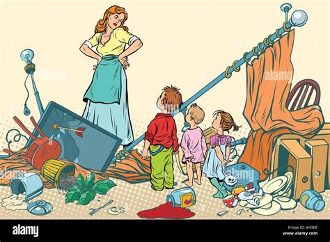 Terrible Mother And The Kids Made A Mess At Home Comic Book Cartoon