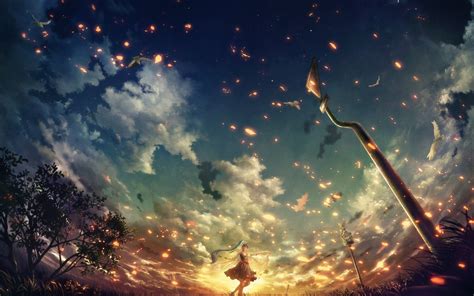 See and download hundreds of anime wallpapers, images, art photos. anime, Sunset, Clouds, Trees, Warning Signs, Hatsune Miku ...