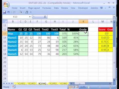 In this video, we'll be showing you how to calculate gpa using microsoft excel.gpa stands for grade point average and it is one of the most common stats a. Excel Magic Trick #194: Grade Book Based on Percentages ...
