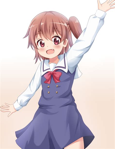 Safebooru 1girl D Arm Up Bangs Blue Dress Blush Bow Brown Background Brown Hair Commentary