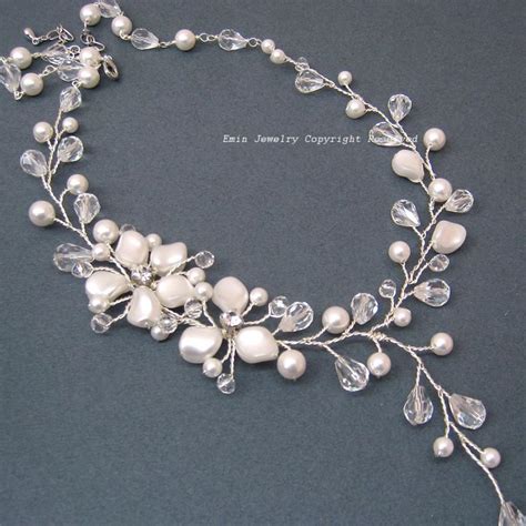 pearl bridal necklace swarovski pearl wedding necklace ivory off white pearls austrian