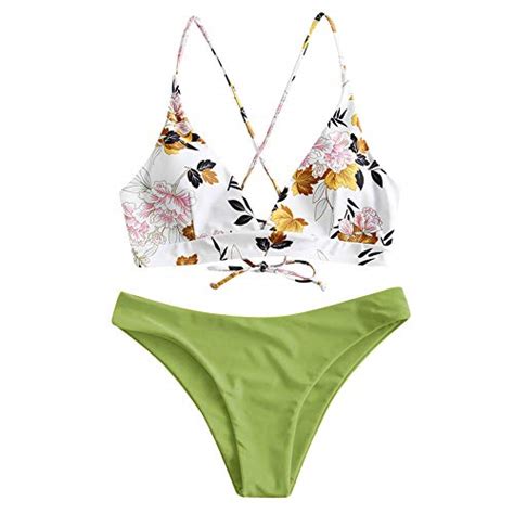 ZAFUL Women S Floral Leaf Lace Up Braided Floral Bikini Set Two Piece