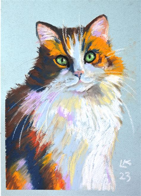 Calico Furry Cat Pastel Painting