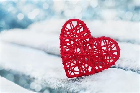 Red Heart In Snow With Bokeh Background Valentines Day Card Love