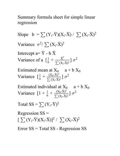 Summary Formula Sheet For Simple Linear Ncsu Statistics