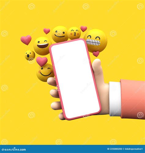 Person Holding A Smartphone With Emoji Online Social Media Icons 3d