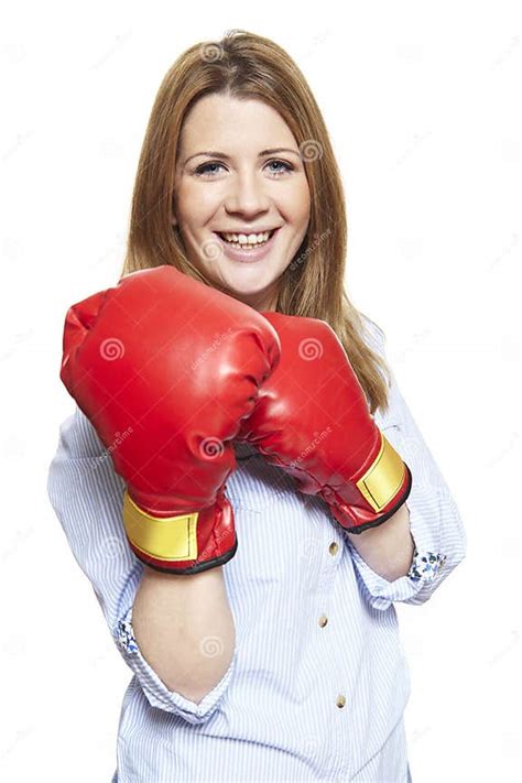 Young Woman Wearing Boxing Gloves Smiling Stock Image Image Of Person