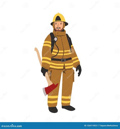 Firefighter Character With An Axe Flat Vector Illustration Isolated On White Background Stock