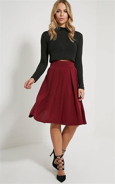 Bonnie Burgundy Pleated Midi Skirt Knitwear Prettylittlething Aus