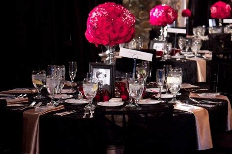 Old Hollywood Glam Wedding Tablescape Red Rose Topiaries Black Table