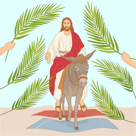 Palm Sunday Jesus Riding Donkey Entering Jerusalem With Palm Leaves