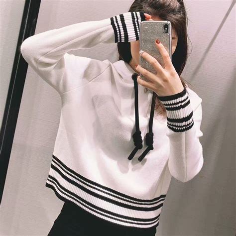 Fashion Fall Women Casual Solid Hooded Hoodies Korean Loose Stripe