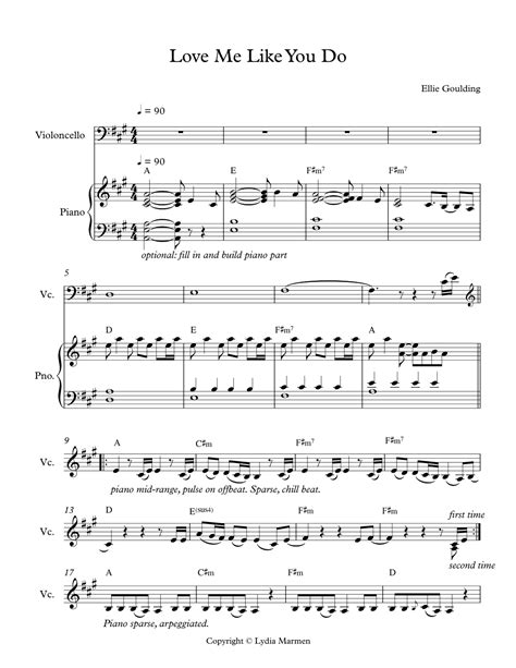 Love Me Like You Do Sheet Music Ellie Goulding Cello And Piano